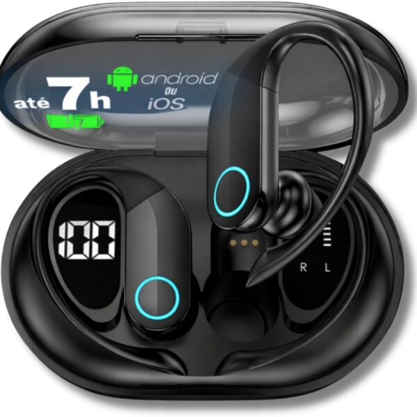Fones Bluetooth Esportivos IPX7 com 80h de bateria e gancho antiqueda para treino intenso