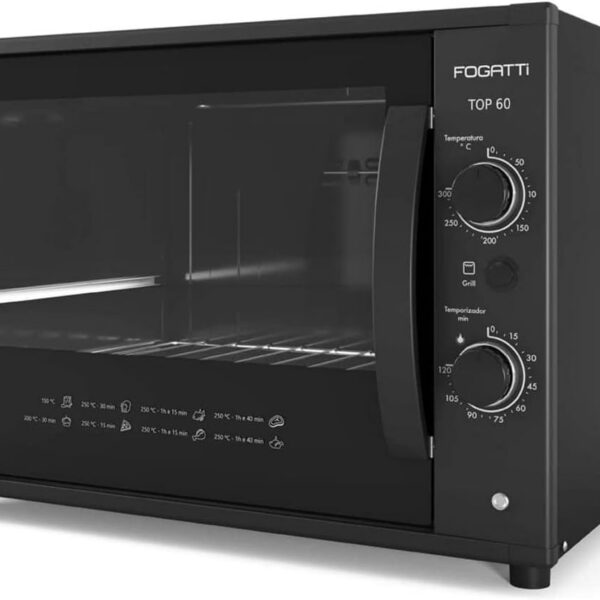 Forno Elétrico Fogatti Top60 60L Black 110V: alta capacidade, 1750W e praticidade para sua bancada.