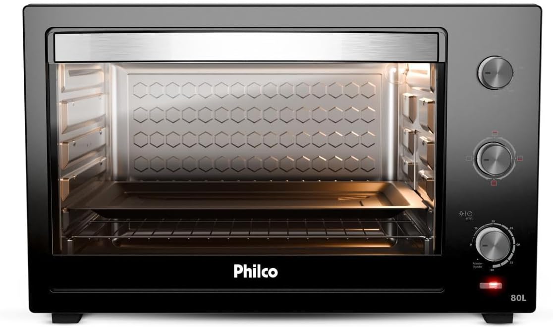 Forno Elétrico Philco 80L PFE80A: 6 funções, 4 resistências e Forno Elétrico Philco 80L PFE80A: 6 funções, 4 resistências e alta potência para assar com praticidade.
