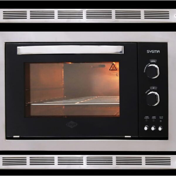 Forno Elétrico Sygma Inox de embutir 127V: acabamento em aço escovado, vidro duplo e controle de 50º a 300ºC.