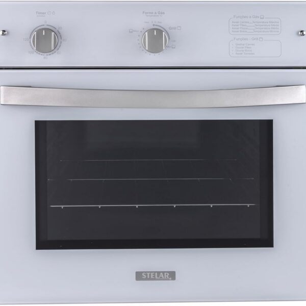Forno à Gás de Embutir Stelar 46L Topázio Branco 220v: mais espaço, grill elétrico e limpeza fácil para assar com praticidade e segurança.
