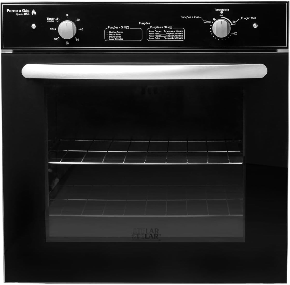 Forno de Embutir a Gás GLP Stelar 85L Preto 127V: Forno de Embutir a Gás GLP Stelar 85L Preto 127V: amplo espaço, grill elétrico e segurança para assar com eficiência.