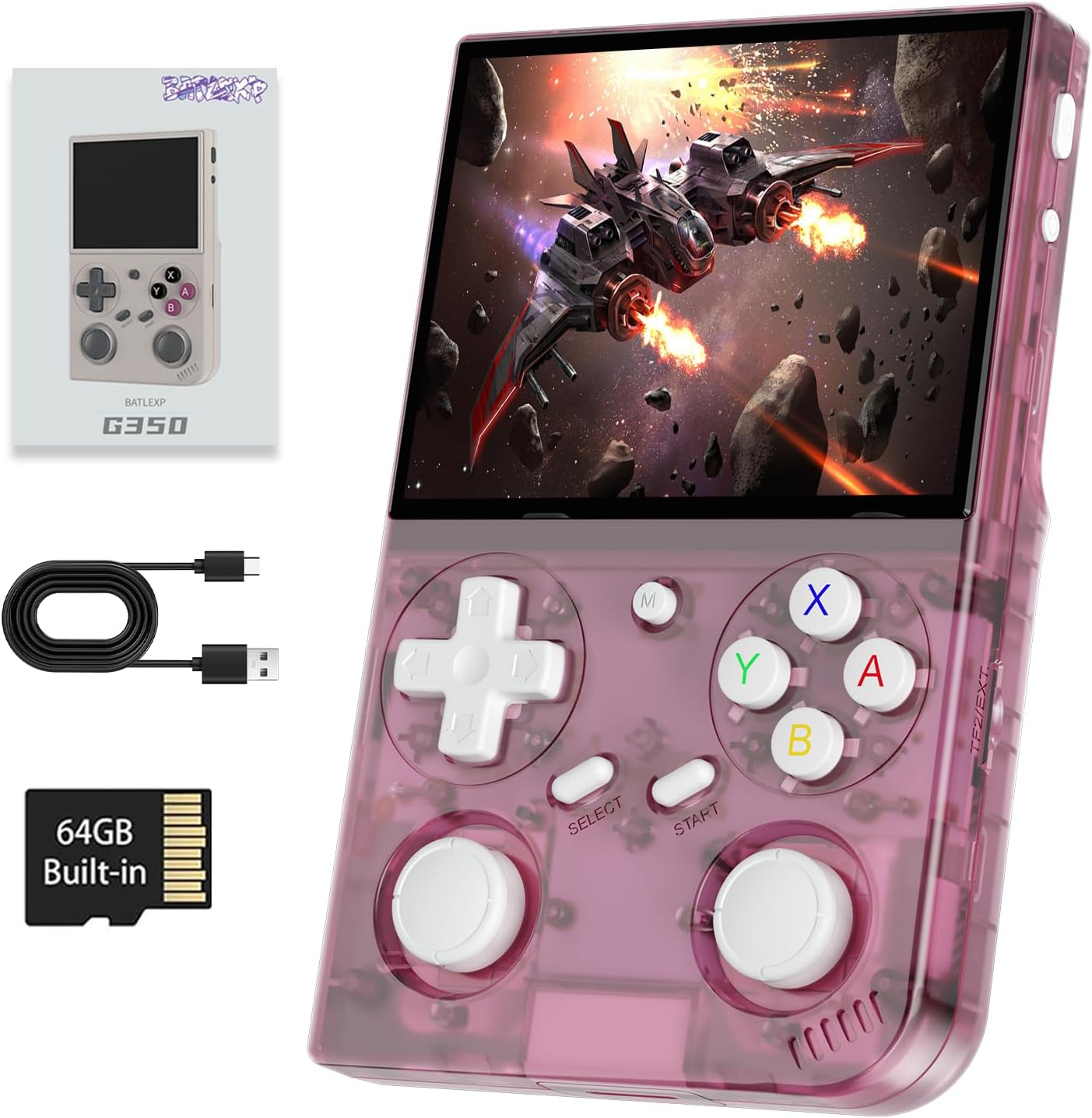 G350 Retro Handheld Game Console , G350 Retro Gaming Console G350 Retro Handheld Game Console , G350 Retro Gaming Console 3.5'' IPS Screen Linux System Built-in 64G TF Card 20+Emulators Pre-Installed 4371 Games Retro Game Console with 3500mAh Battery Pink