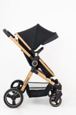 Galzerano Carrinho de Bebê Ivy Preto e Dourado com Moisés: design premium, conforto e praticidade para o dia a dia do bebê.