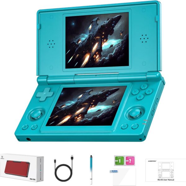 GiipGoop RG DS Consoles de jogos portáteis RG DS Retro Gaming Console de videogame de tela dupla Android 14 portátil Arcade 40.000 mAh bateria WiFi Bluetooth saída HD azul turquesa