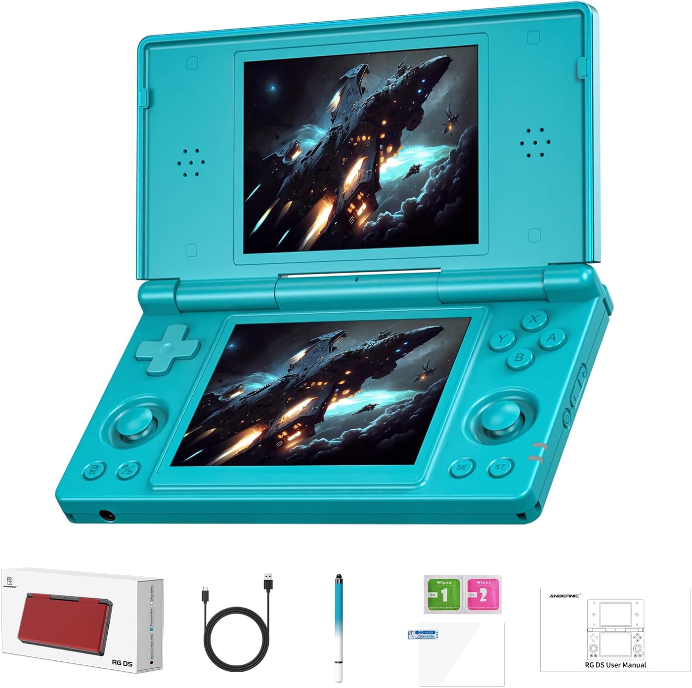 GiipGoop RG DS Consoles de jogos portáteis RG DS Retro GiipGoop RG DS Consoles de jogos portáteis RG DS Retro Gaming Console de videogame de tela dupla Android 14 portátil Arcade 40.000 mAh bateria WiFi Bluetooth saída HD azul turquesa