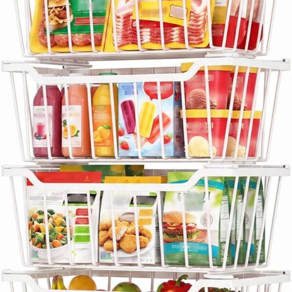 Goovilla Organizadores De Freezer Com Alça Dobrável, Conjunto De 4 Cestos Empilháveis Freezer Horizontal De 3,5 A 7 Pés Cúbicos, Organizadores De Metal Branco Para Melhor Aproveitamento Do Espaço
