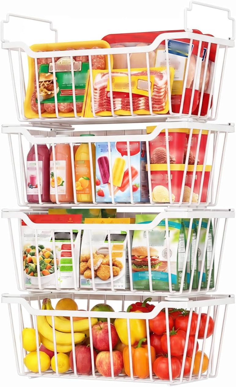 Goovilla Organizadores De Freezer Com Alça Dobrável, Conjunto De 4 Goovilla Organizadores De Freezer Com Alça Dobrável, Conjunto De 4 Cestos Empilháveis Freezer Horizontal De 3,5 A 7 Pés Cúbicos, Organizadores De Metal Branco Para Melhor Aproveitamento Do Espaço