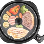 Grill Elétrico Redondo Premium, Preto, Antiaderente, Com Tampa de Vidro, Temperatura Ajustável, Base Coletora de Gordura, Ideal para Grelhar, Fritar e Assar, 127V