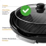 Grill Elétrico Redondo Premium, Preto, Antiaderente, Com Tampa de Vidro, Temperatura Ajustável, Base Coletora de Gordura, Ideal para Grelhar, Fritar e Assar, 127V - Imagem 2