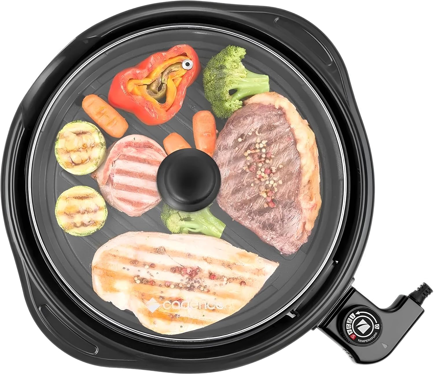 Grill Elétrico Redondo Premium, Preto, Antiaderente, Com Tampa de Vidro, Grill Elétrico Redondo Premium, Preto, Antiaderente, Com Tampa de Vidro, Temperatura Ajustável, Base Coletora de Gordura, Ideal para Grelhar, Fritar e Assar, 127V