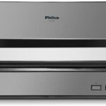 Grill Philco PGR32 2 em 1 com abertura 180° e coletor de gordura, ideal para grelhados práticos em casa.