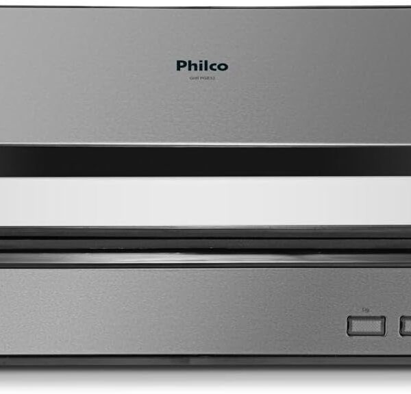 Grill Philco PGR32 2 em 1 com abertura 180° e coletor de gordura, ideal para grelhados práticos em casa.