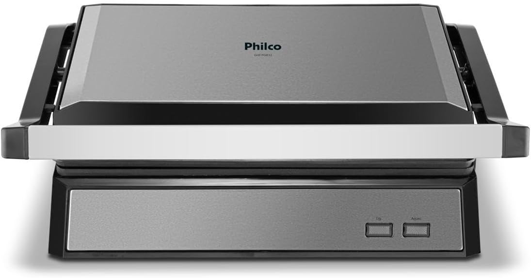 Grill Philco PGR32 2 em 1 com abertura 180° e Grill Philco PGR32 2 em 1 com abertura 180° e coletor de gordura, ideal para grelhados práticos em casa.