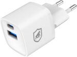 Gshield Carregador de Parede Universal 20W: recarga ultra rápida, GaN, USB-C + USB-A, compatível com iPhones e Anatel.