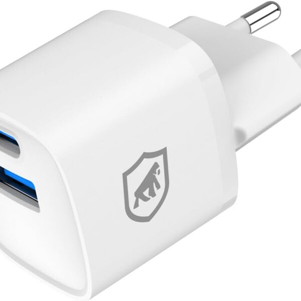 Gshield Carregador de Parede Universal 20W: recarga ultra rápida, GaN, USB-C + USB-A, compatível com iPhones e Anatel.