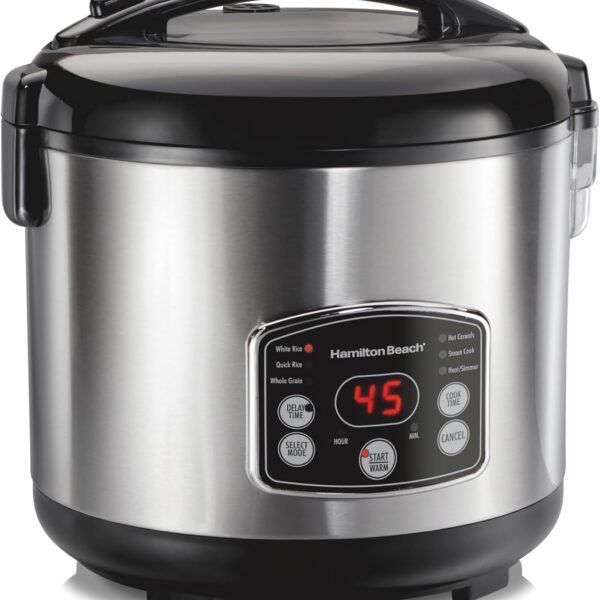 Hamilton Beach 37548: panela de arroz digital 14 xícaras com vapor, enxágue 2 em 1 e 6 funções programáveis para cozinhar fácil.