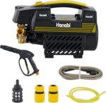 Hanabi Lavadora 1500W: motor de indução, 60 bar, 330L/h, bico ajustável e mangueira 10m para limpeza pesada.