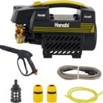 Hanabi Lavadora 1500W: motor de indução, 60 bar, 330L/h, bico ajustável e mangueira 10m para limpeza pesada.
