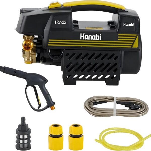 Hanabi Lavadora 1500W: motor de indução, 60 bar, 330L/h, bico ajustável e mangueira 10m para limpeza pesada.