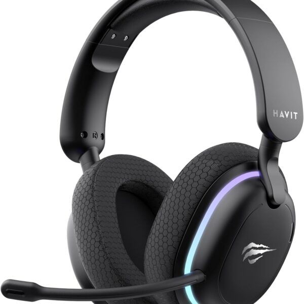 Havit Fone de Ouvido Gamer Five-Mode Fuxi-H7 Black, Sem fio e Com Fio, Wireless 2,4GHz, Bluetooth, USB, Cabo 3,5mm, Falante de 40 mm, Microfone Destacável com Cancelamento de Ruído