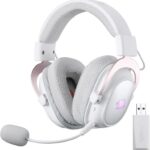 Headset 7.1 sem fio Redragon Zeus Pro Branco com som surround, Bluetooth e microfone removível para gameplay imersivo.