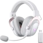 Headset 7.1 sem fio Redragon Zeus Pro Branco com som surround, Bluetooth e microfone removível para gameplay imersivo.