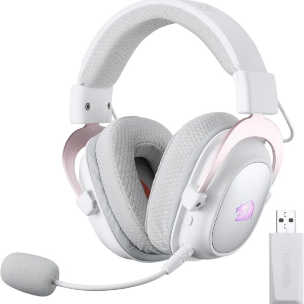 Headset 7.1 sem fio Redragon Zeus Pro Branco com som surround, Bluetooth e microfone removível para gameplay imersivo.