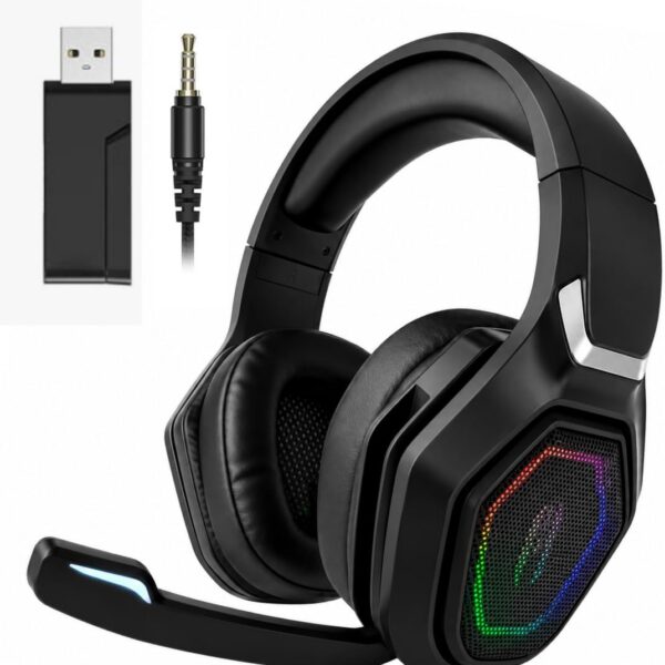 Headset Gamer 4 em 1 Wireless + Bluetooth + Cabo HYPER GT 3D Surround, RGB LIGHT, Drivers de Áudio Avançados 50mm Neodímio e Bateria Recarregável 10 HORAS para PC e PlayStation 4, 5, XBOX SERIES, ONE