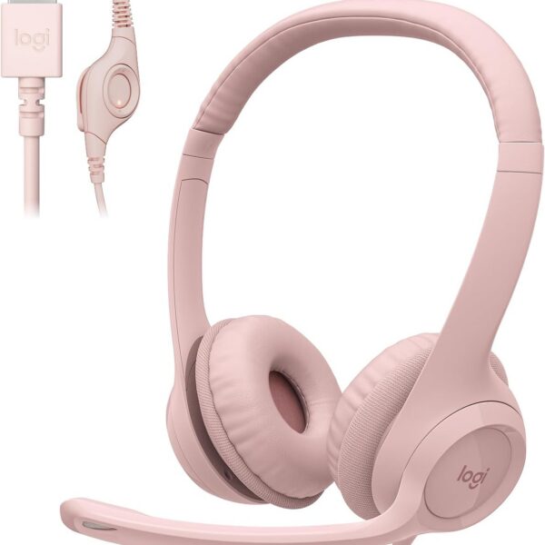 Headset com fio USB Logitech H390 com Almofadas Confortáveis, Controles de Áudio Integrado e Microfone com Redução de Ruído - Rosa