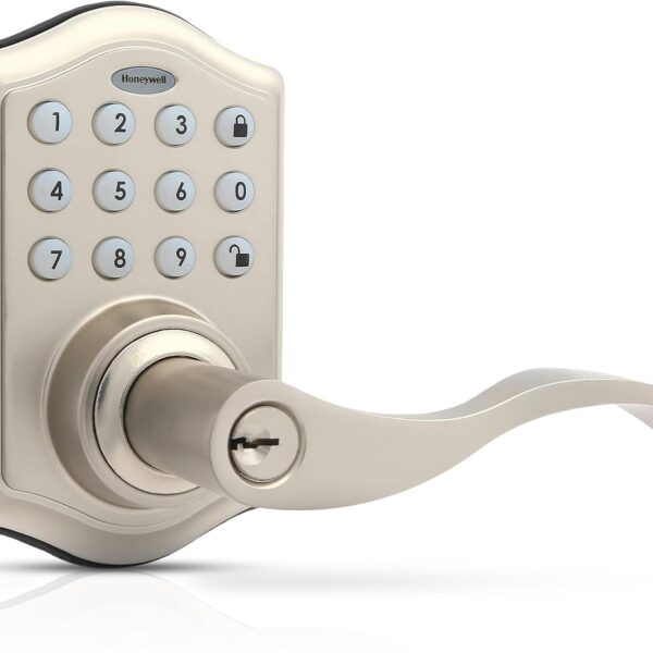 Honeywell Maçaneta sem chave com teclado eletrônico: instalação fácil, 50 PINs e segurança prática para sua porta frontal em níquel acetinado.