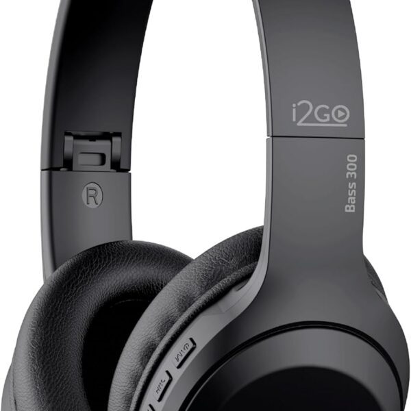 I2GO, Headphone Bass 300, Bluetooth, Microfone Integrado, Controle Multimídia, Até 10h de bateria, Tecnologia Dual Connect, Entrada cabo auxiliar P2 (incluso), Dobrável, Preto