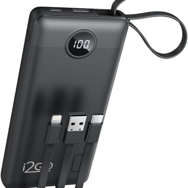I2GO Power Bank 10000mAh 4 em 1 com cabos acoplados, carregamento prático e portátil para várias conexões