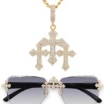 ICE STAR Conjunto Masculino Iced-Out Triple Cross com óculos sem moldura e colar: presente de luxo para ele