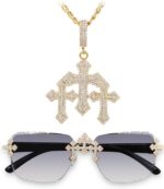 ICE STAR Conjunto Masculino Iced-Out Triple Cross com óculos sem moldura e colar: presente de luxo para ele