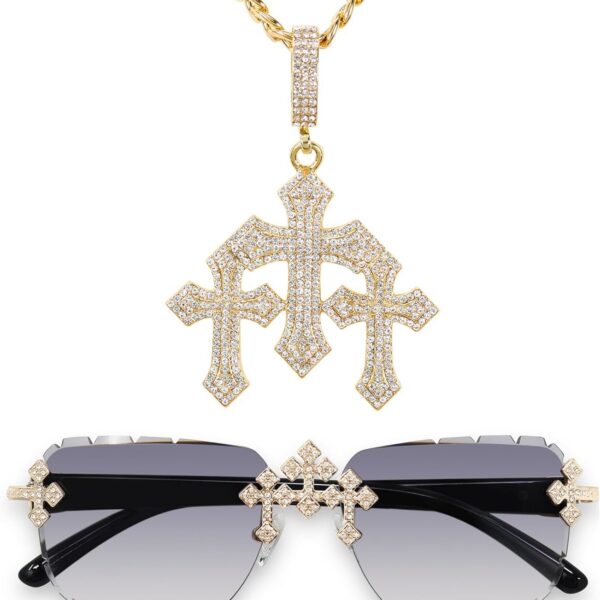 ICE STAR Conjunto Masculino Iced-Out Triple Cross com óculos sem moldura e colar: presente de luxo para ele