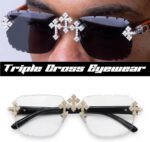 ICE STAR Conjunto Masculino Iced-Out Triple Cross com óculos sem moldura e colar: presente de luxo para ele - Imagem 2