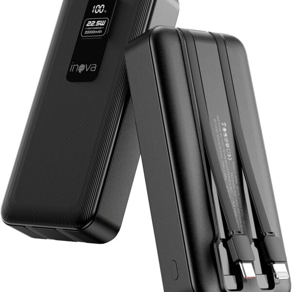 INAVA Power Bank 20000mAh: carregamento rápido 22.5W PD, 4 dispositivos e compatibilidade universal para viagens.