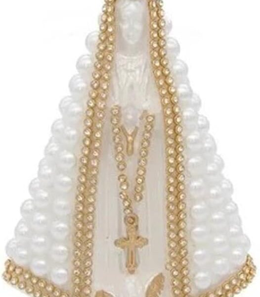 Imagem Nossa Senhora Aparecida Branca Pérola 15 cm em gesso: decoração religiosa com acabamento elegante e ideal para oratório.