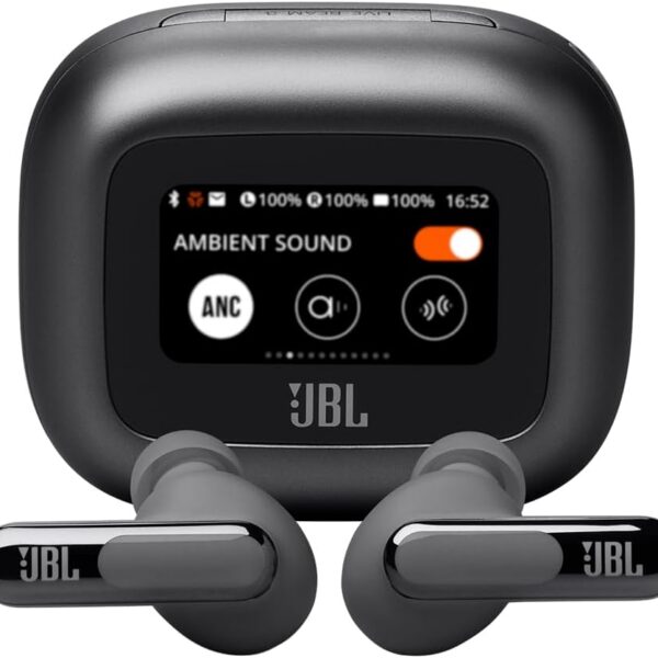 JBL Live Beam 3 com cancelamento de ruído e tela touch: som imersivo, chamadas claras e bateria de longa duração.