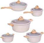Jogo de 5 Panelas em Cerâmica Creme: antiaderente, elegante e versátil para indução, gás e elétrico.