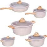 Jogo de 5 Panelas em Cerâmica Creme: antiaderente, elegante e versátil para indução, gás e elétrico.