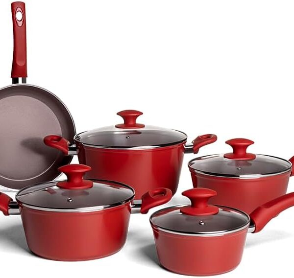 Jogo de Panelas 5 Peças Ceramic Life Optima Brinox Vermelho Carmin: antiaderente cerâmico, fundo de indução e fácil limpeza.
