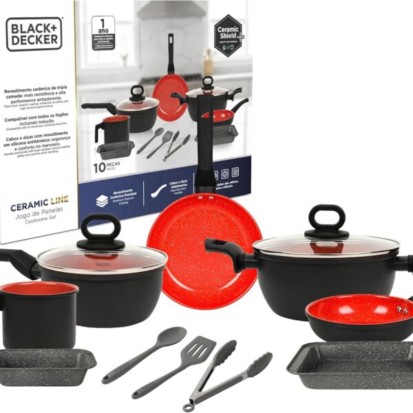 Jogo de Panelas Black+Decker 10 Peças Ceramic Line com revestimento cerâmico antiaderente e compatível com indução.