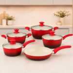 Jogo de Panelas Cerâmica 5 Peças Vermelho: antiaderente premium, livre de PFOA e com fundo reforçado para cozinhar com praticidade e saúde.