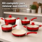 Jogo de Panelas Cerâmica 5 Peças Vermelho: antiaderente premium, livre de PFOA e com fundo reforçado para cozinhar com praticidade e saúde. - Imagem 2