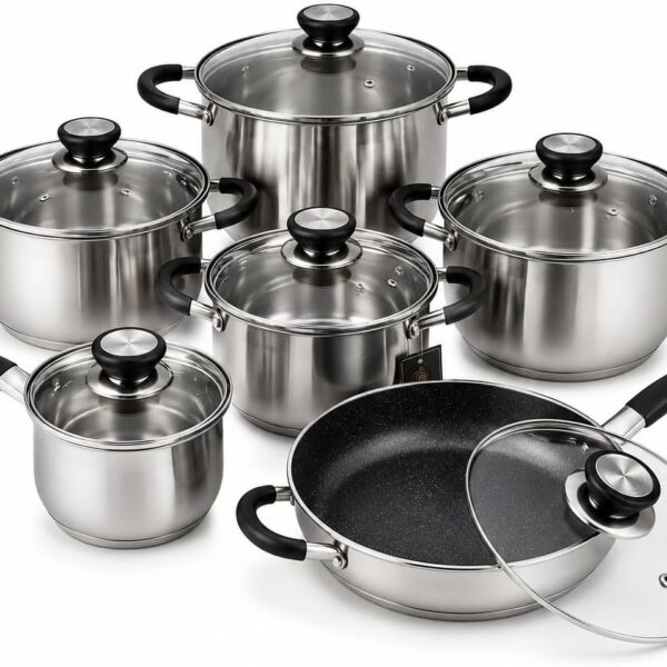 Jogo de Panelas Inox 12 Peças com fundo triplo e indução: mais durabilidade, aquecimento uniforme e praticidade premium para sua cozinha.
