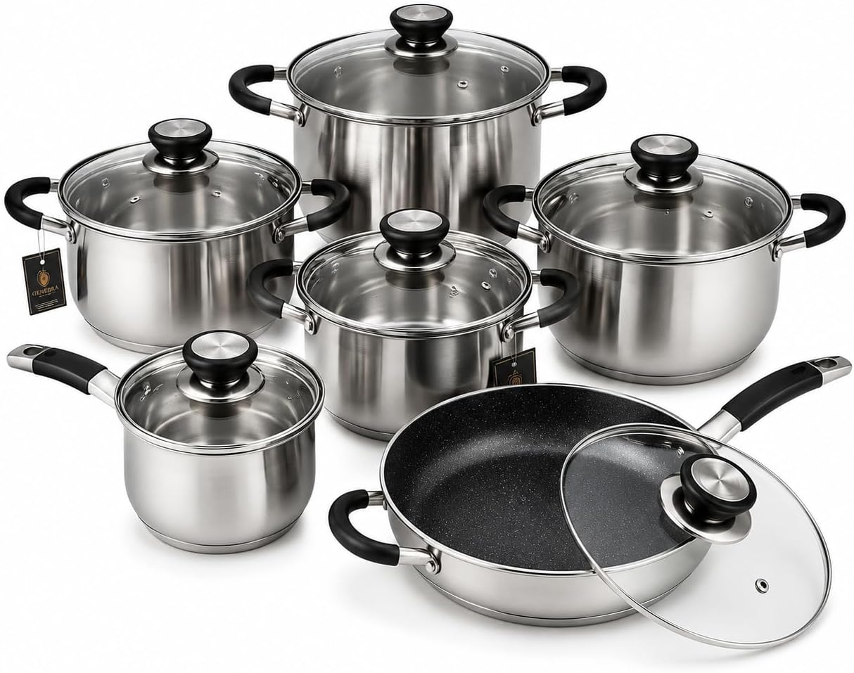 Jogo de Panelas Inox 12 Peças com fundo triplo e Jogo de Panelas Inox 12 Peças com fundo triplo e indução: mais durabilidade, aquecimento uniforme e praticidade premium para sua cozinha.