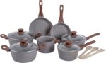Jogo de Panelas Mimo Style 10 Peças Indução Grafite Bambu com antiaderente e tampas de vidro para cozinha prática e elegante