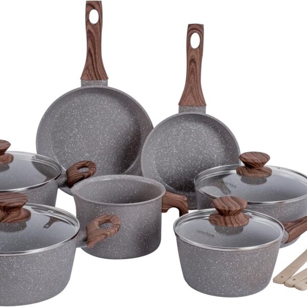 Jogo de Panelas Mimo Style 10 Peças Indução Grafite Bambu com antiaderente e tampas de vidro para cozinha prática e elegante